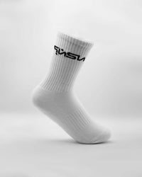 White crew sock with black logo, featuring ribbed design for all-day comfort and arch support. Ideal for ultimate foot support.